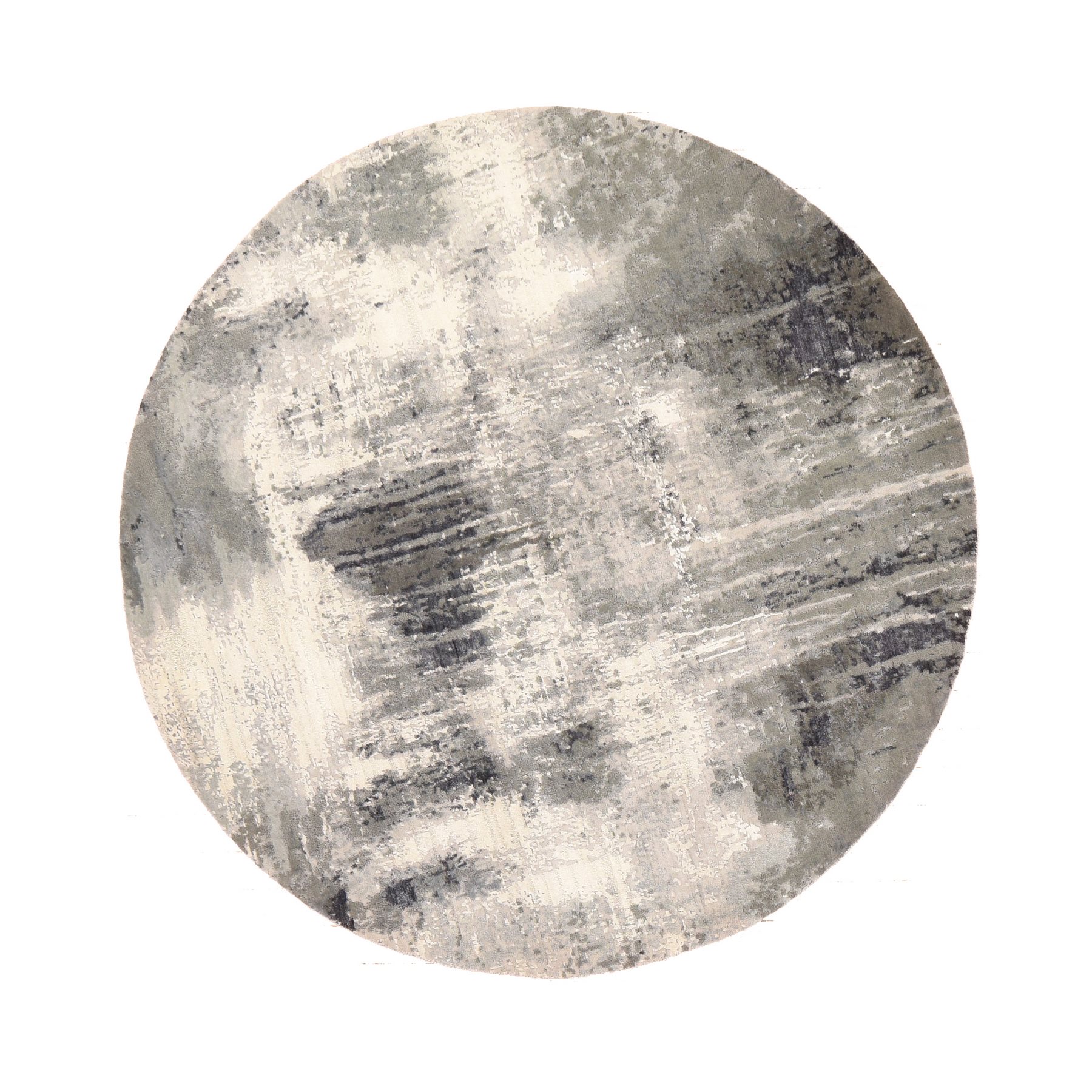 6'2"x6'2" Black with Touches of Ivory, Abstract Design, Hand Knotted, Wool and Silk, Round, Oriental Rug 
